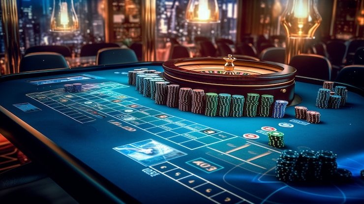Papan roulette langsung dealer dengan lampu studio dan chat pemain di samping